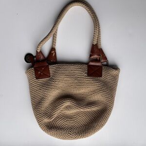 The Sak Beige Woven Tote Bag with Brown Leather Accents